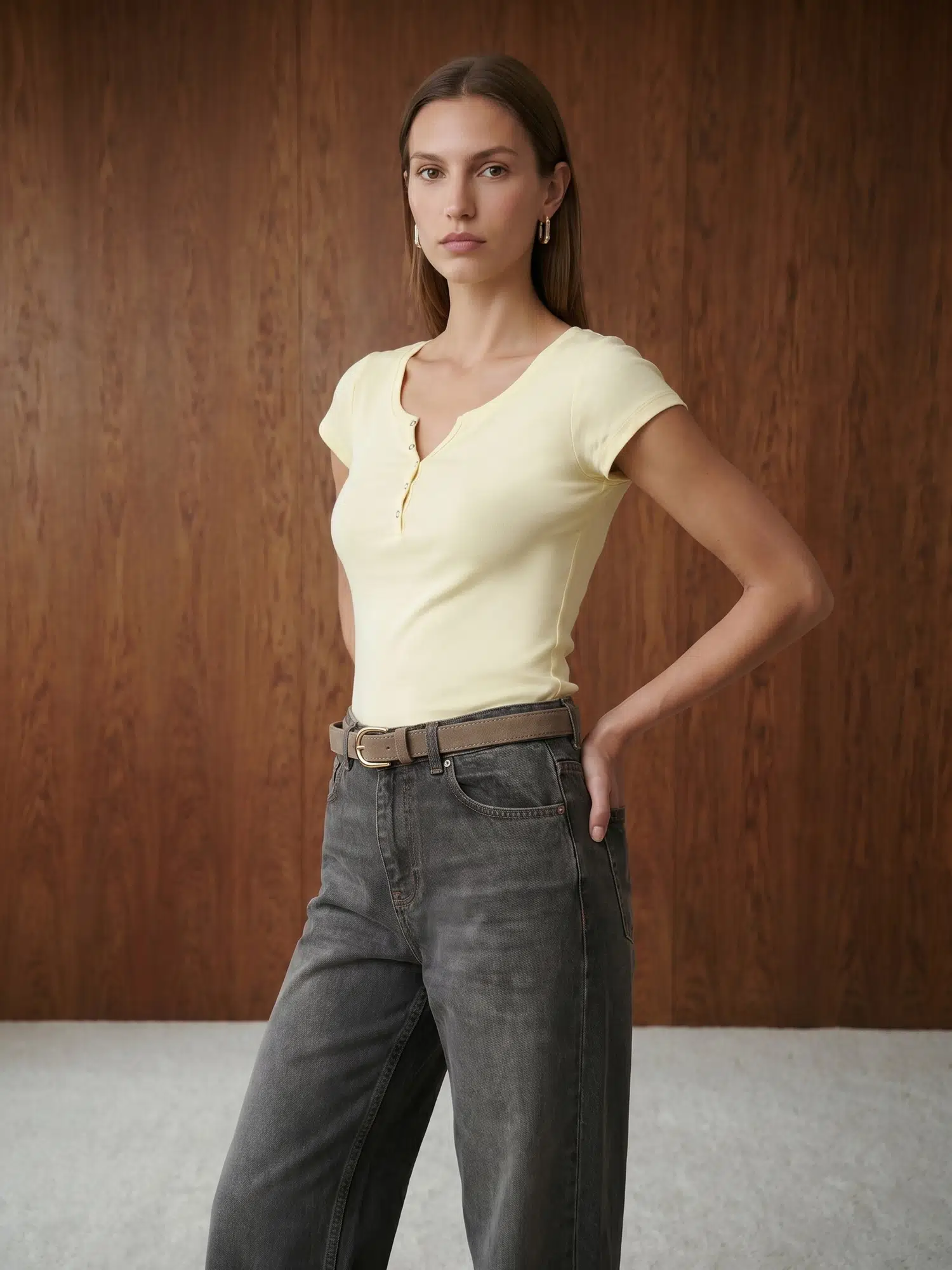 32688 DİLVİN DÜĞME DETAYLI T-SHIRT - AÇIK SARI