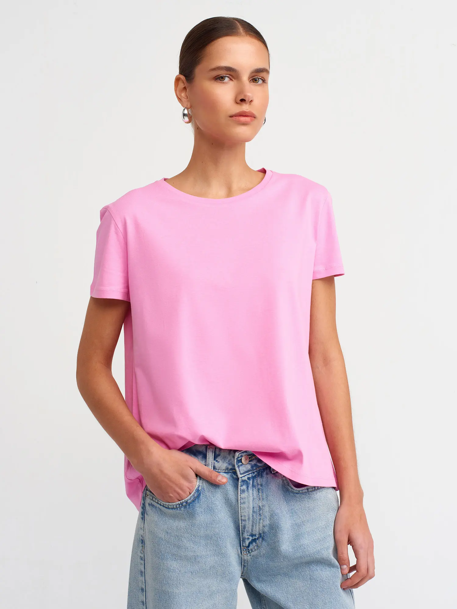 3471 DİLVİN BİSİKLET YAKA BASİC T-SHİRT - PEMBE