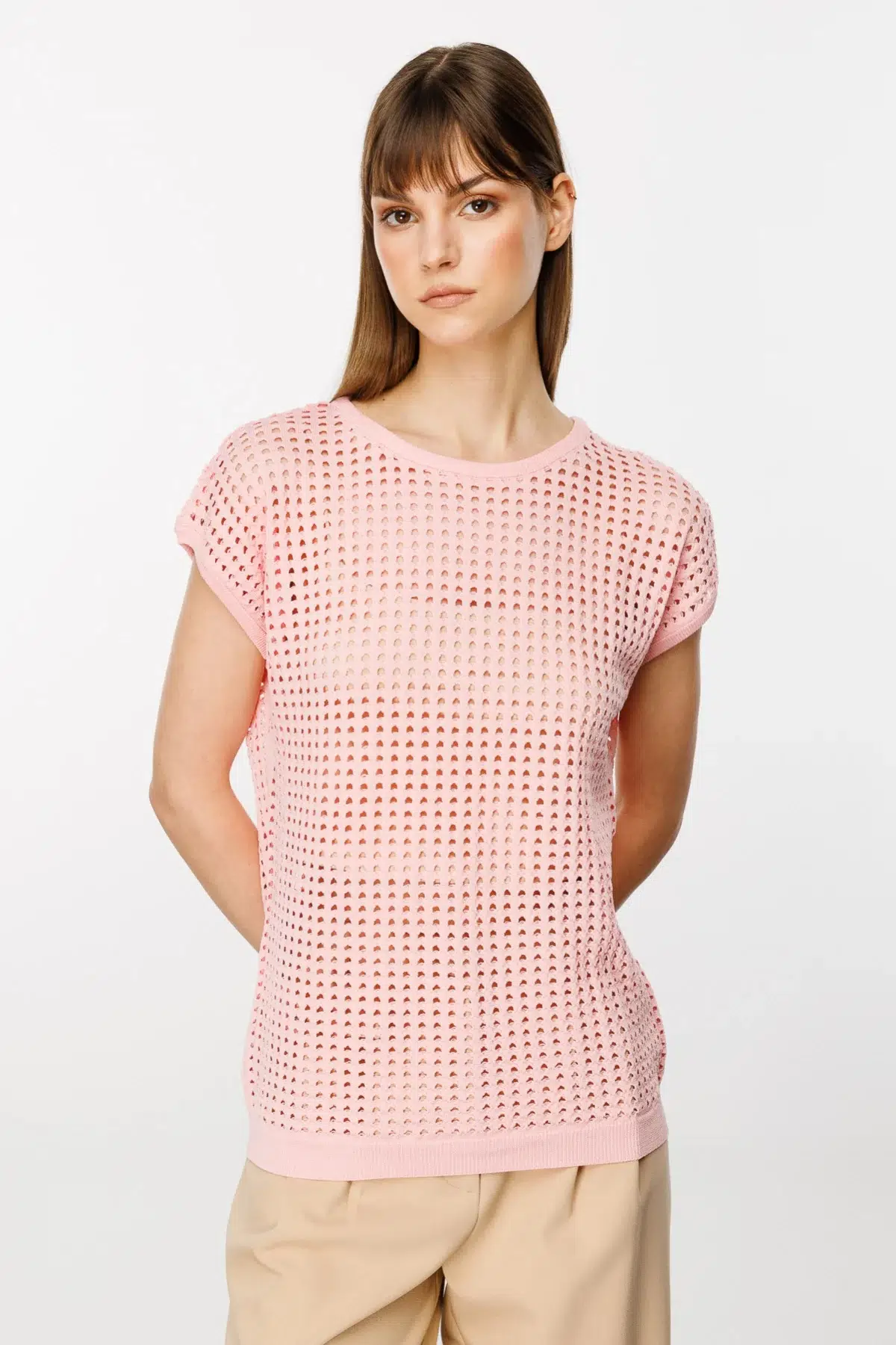 39301 ONTEKS FİLE ÖRGÜ KISA KOL BLUZ - PEMBE