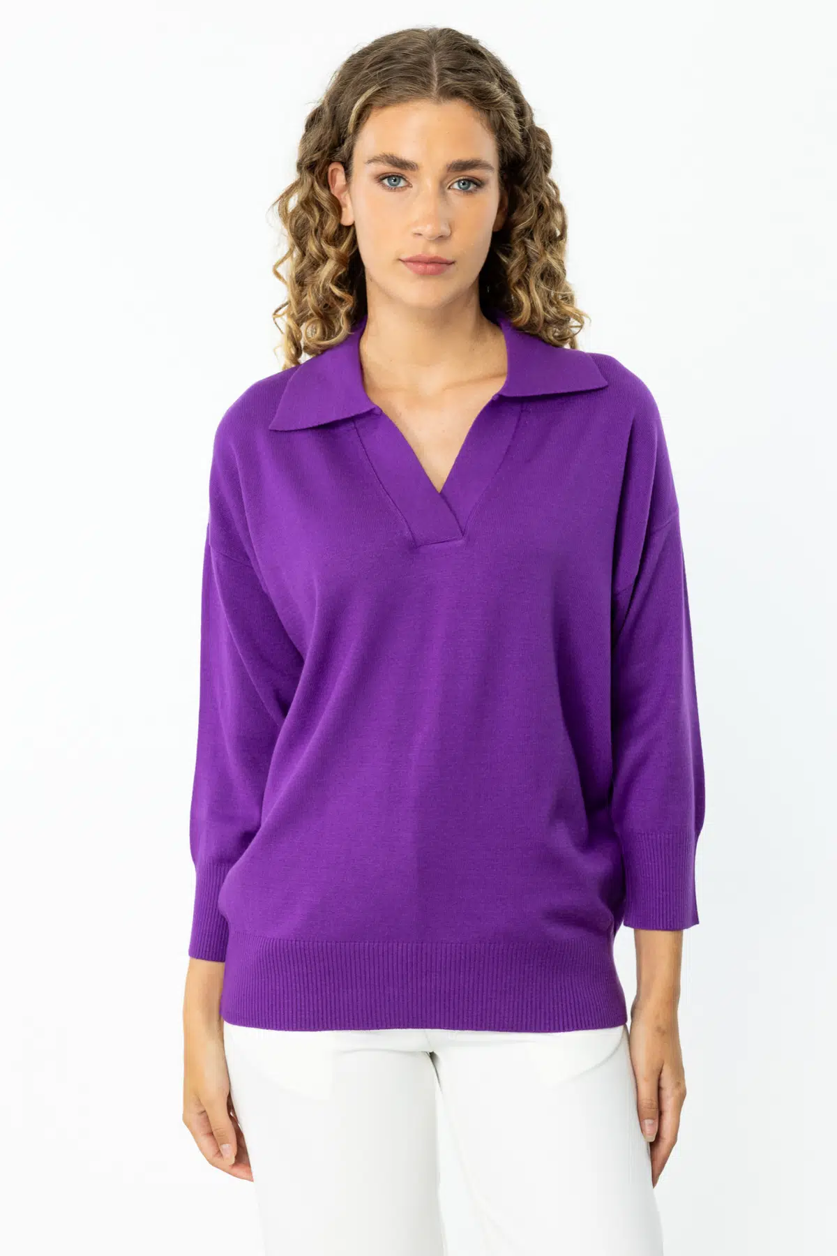 45301 ONTEKS TRUVAKAR KOL PATLI POLO YAKA BLUZ - MOR
