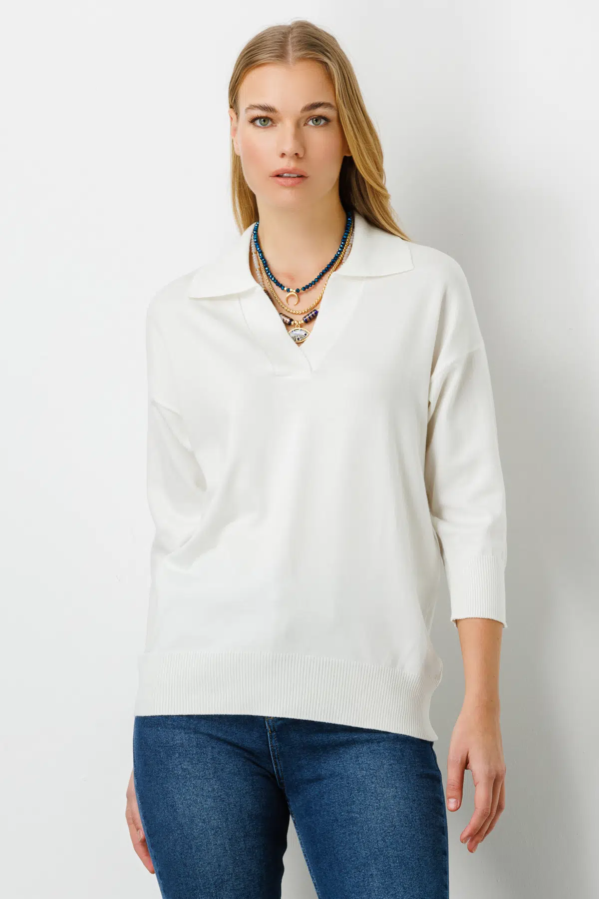 45301 ONTEKS TRUVAKAR KOL PATLI POLO YAKA BLUZ - EKRU