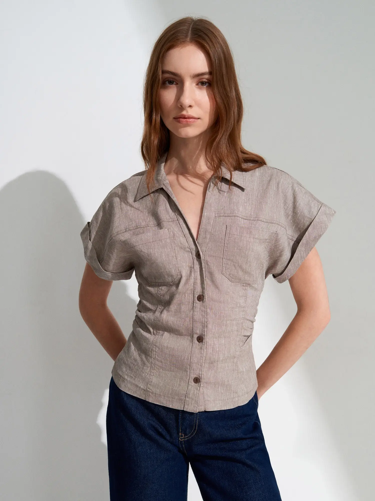 50548 DİLVİN DRAPE VÜCUDA OTURAN GÖMLEK - VİZON