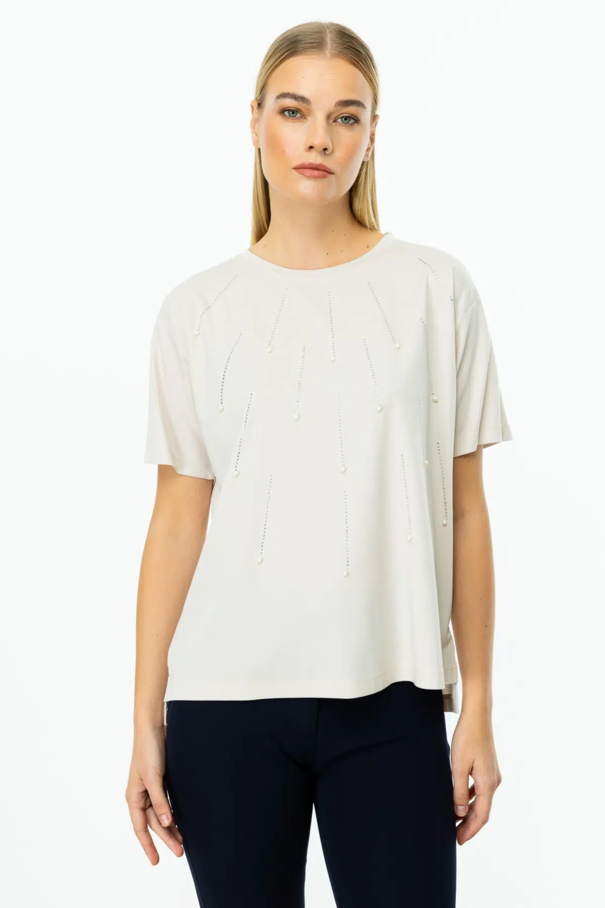 51574 ONTEKS SIFIR YAKA ÖNÜ TAŞ VE İNCİ DETAYLI BLUZ