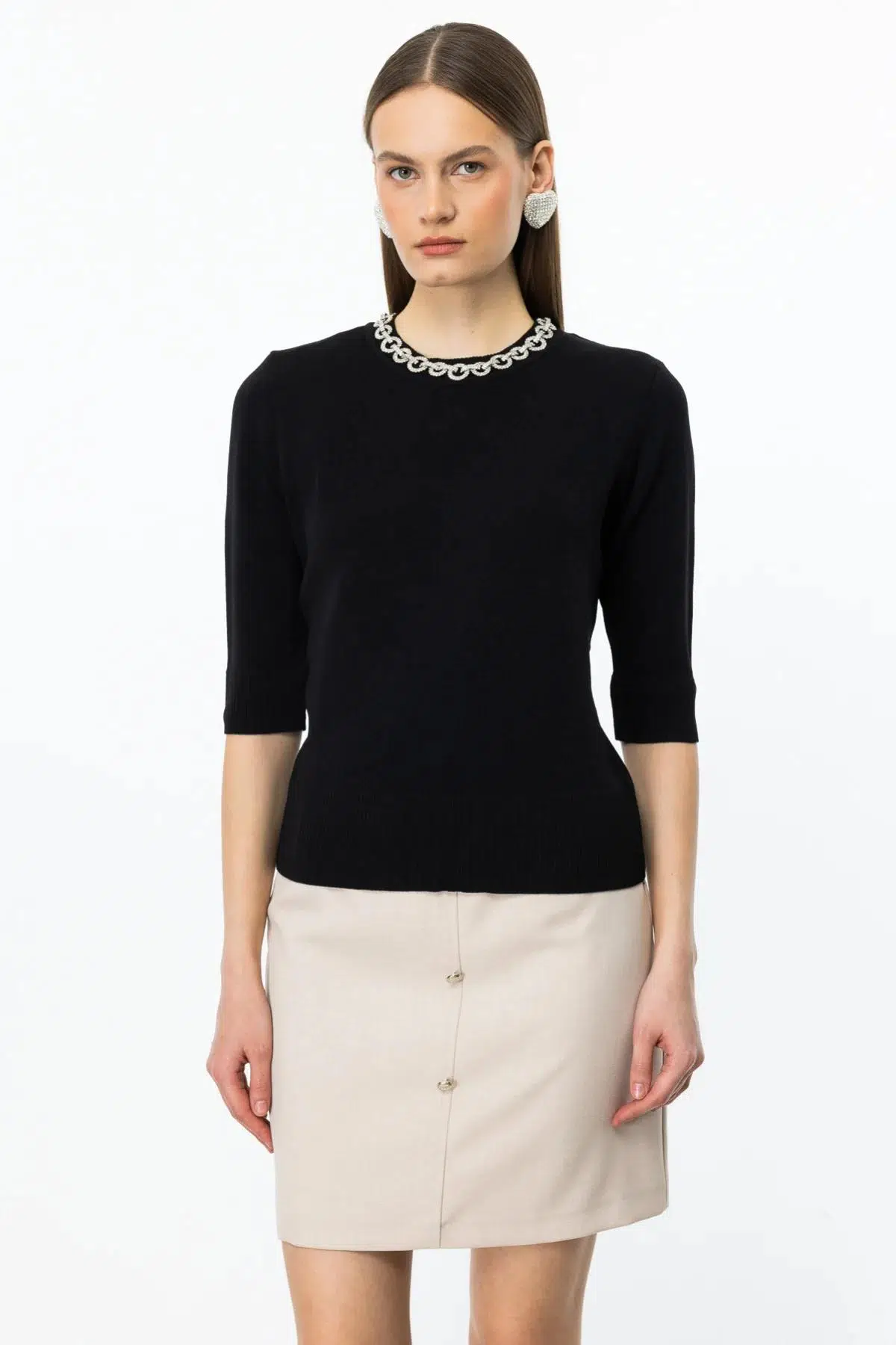 53301 ONTEKS YAKASI TAŞLI BLUZ - SİYAH