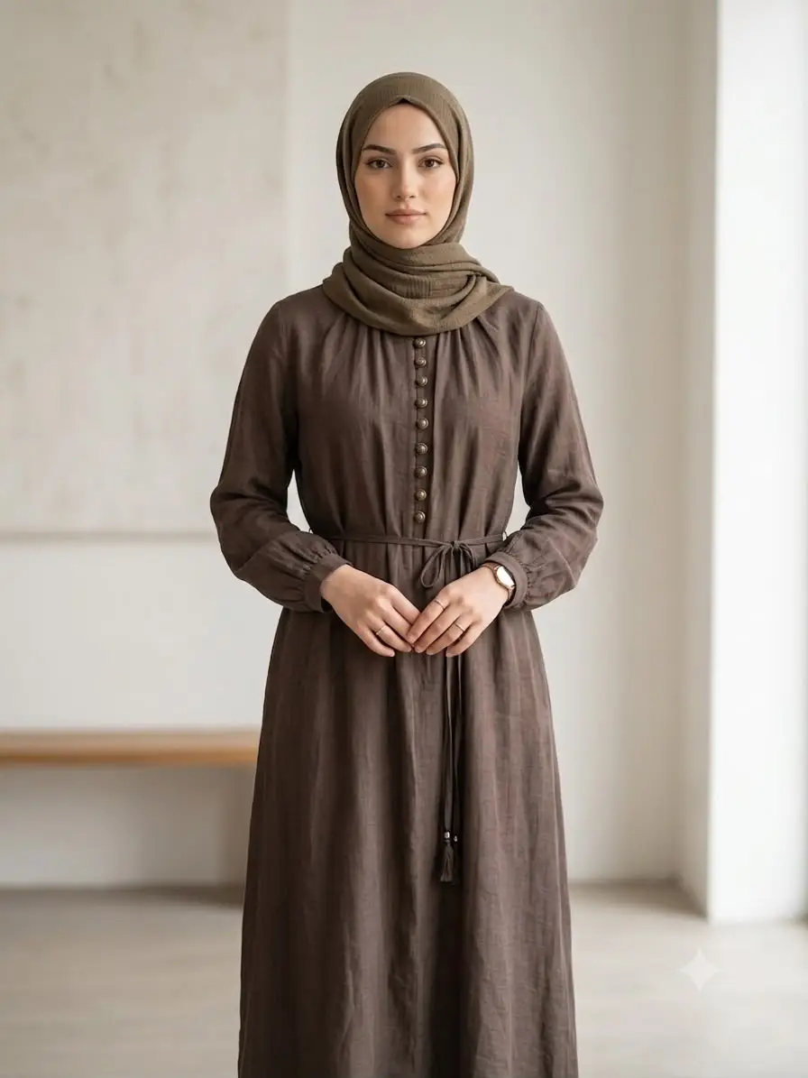5353 NAQSHE KOL LASTİKLİ BİRİT ELBİSE - KAHVE