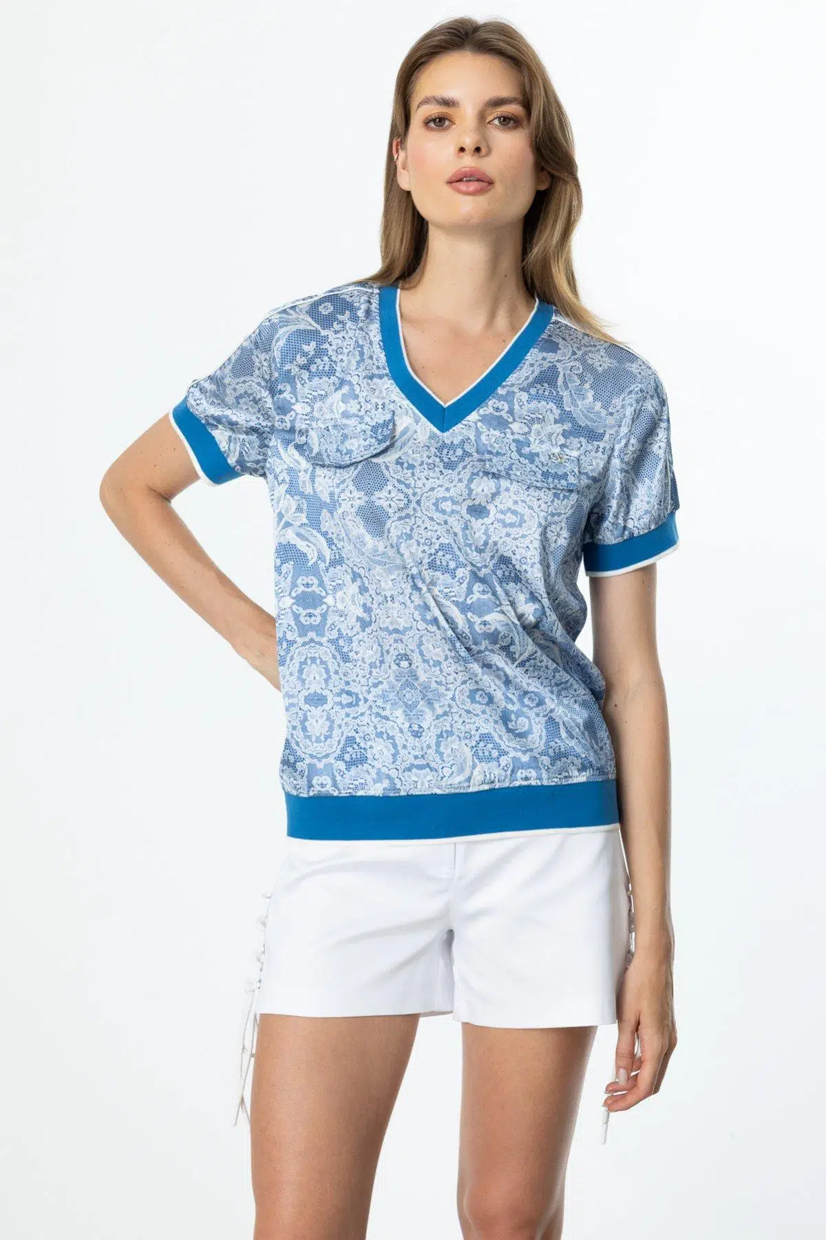 56593 ONTEKS RİBANALI ÖNÜ CEPLİ V YAKA BLUZ