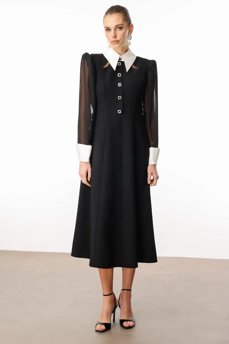 60014 MODAİLGİ ÖNLÜK YAKA KOLLARI ŞİFON KLOŞ ELBİSE