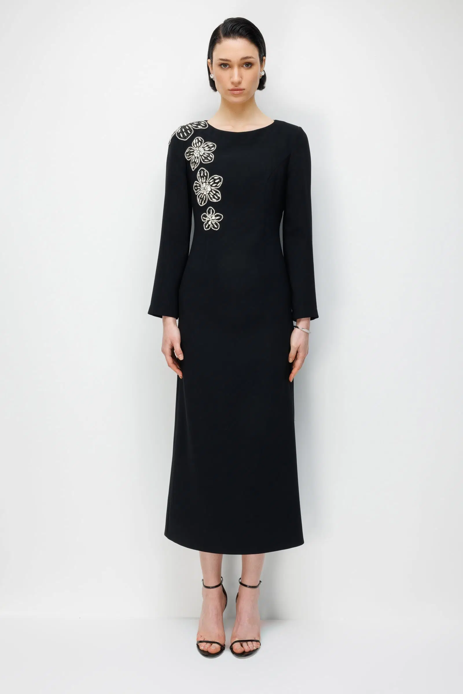 60093 MODAİLGİ ÇİÇEK DESENLİ TAŞ AKSESUARLI KLASİK KALEM ELBİSE