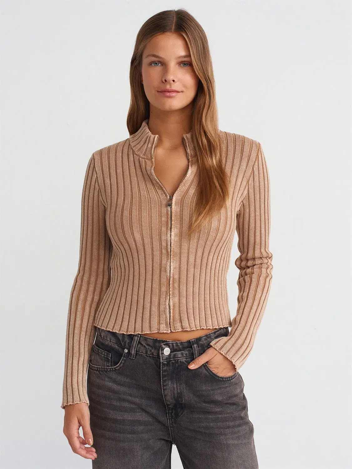 60249 DİLVİN SOLUK EFEKTLİ FERMUARLI TRİKO HIRKA