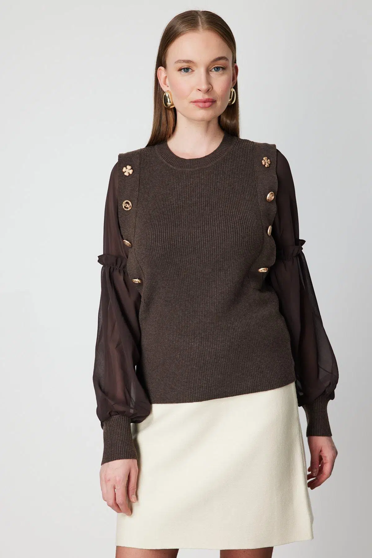 60416 ONTEKS KAZAK KOLLARI TÜL FARKLI DÜĞMELİ SIFIR YAKA