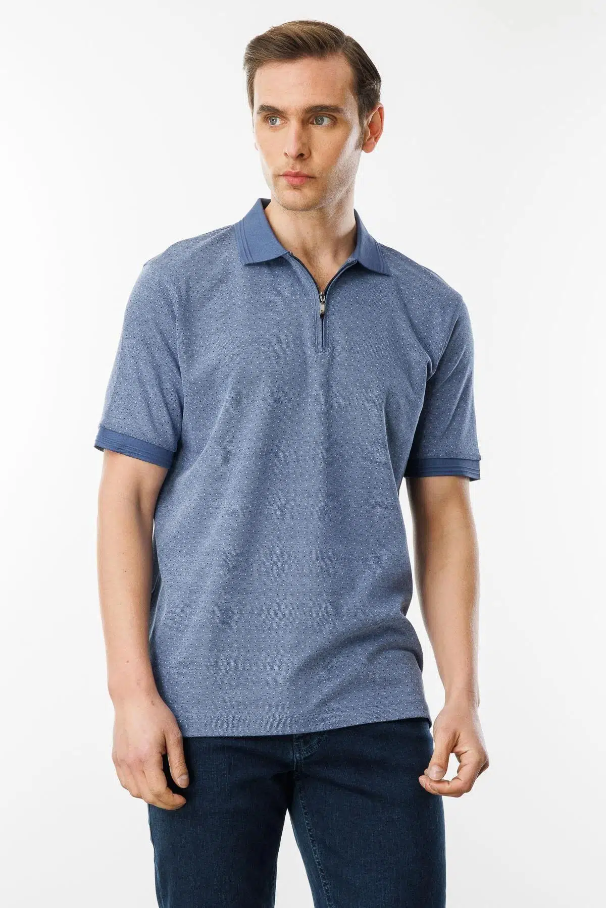 615 DESEN FERMUARLI JAKARLI T-SHİRT - LACİVERT