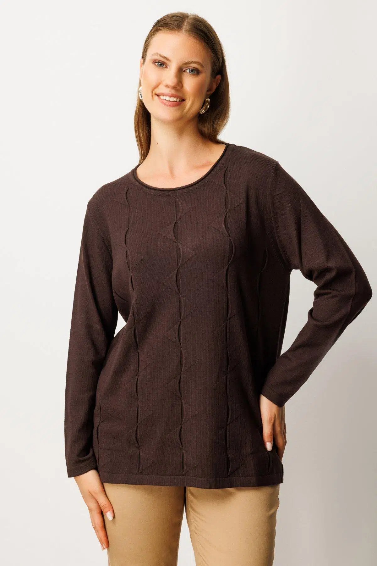 65329 ONTEKS SIFIR YAKA ÖNÜ DESENLİ KAZAK