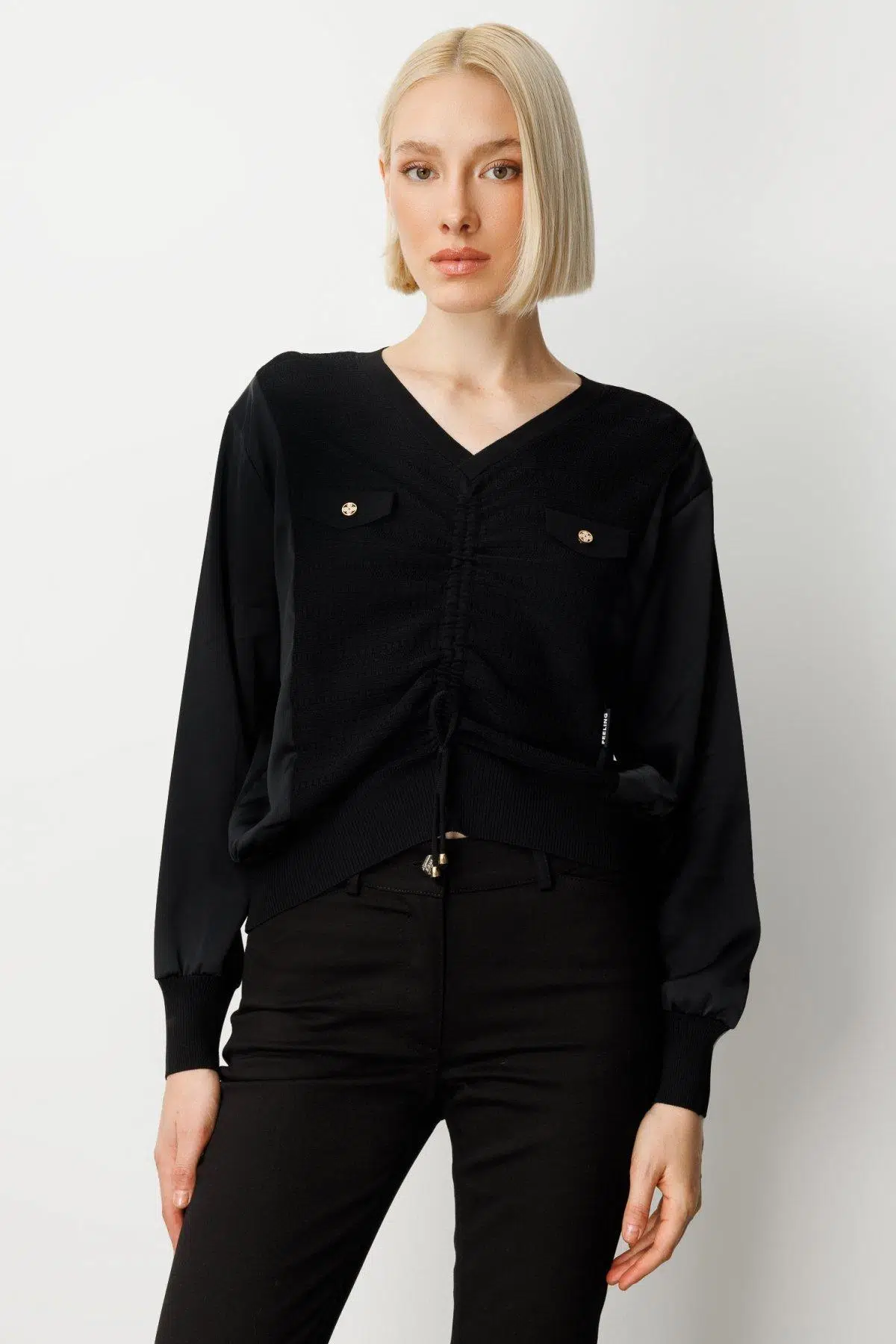 66370 ONTEKS KAZAK CEP KAPAKLI ÖNÜ İPLİ V YAKA