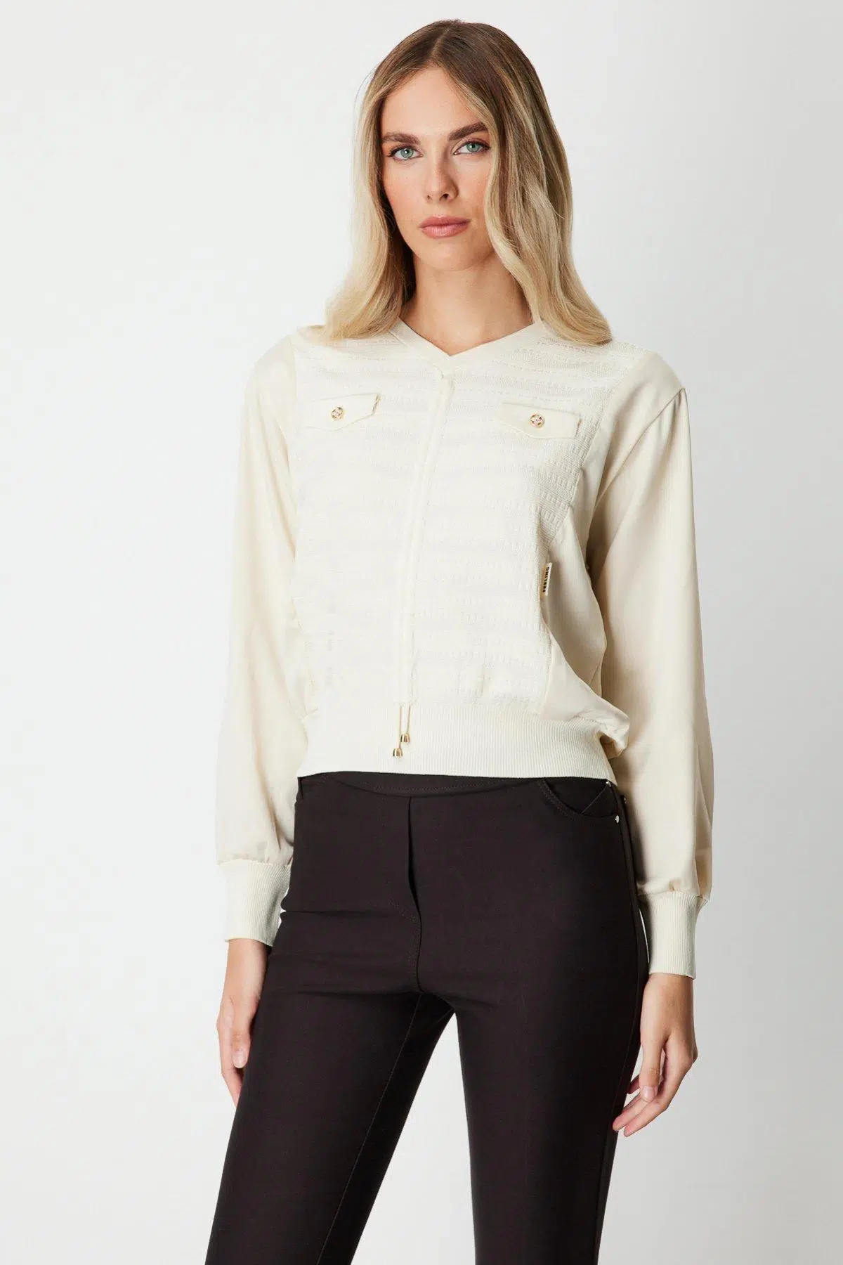 66370 ONTEKS KAZAK CEP KAPAKLI ÖNÜ İPLİ V YAKA