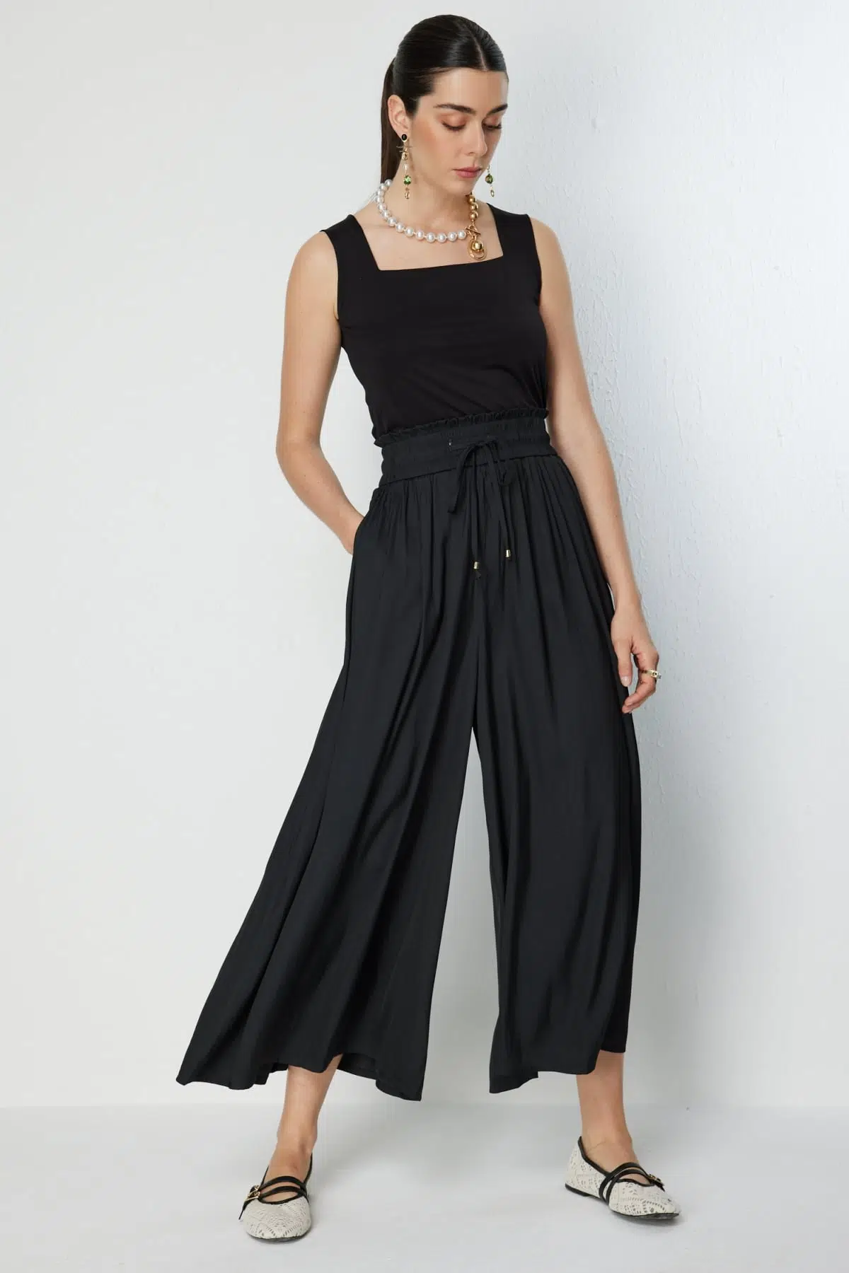70136 ONTEKS YÜKSEKBEL LASTİKLİ BOL PANTOLON - BLACK