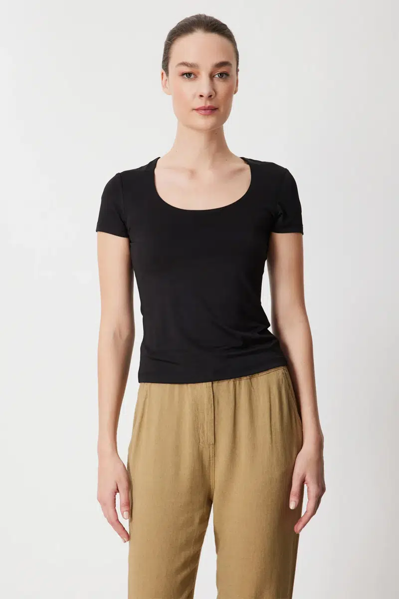 71335 ONTEKS BLUZ U YAKA KISA KOL - SİYAH