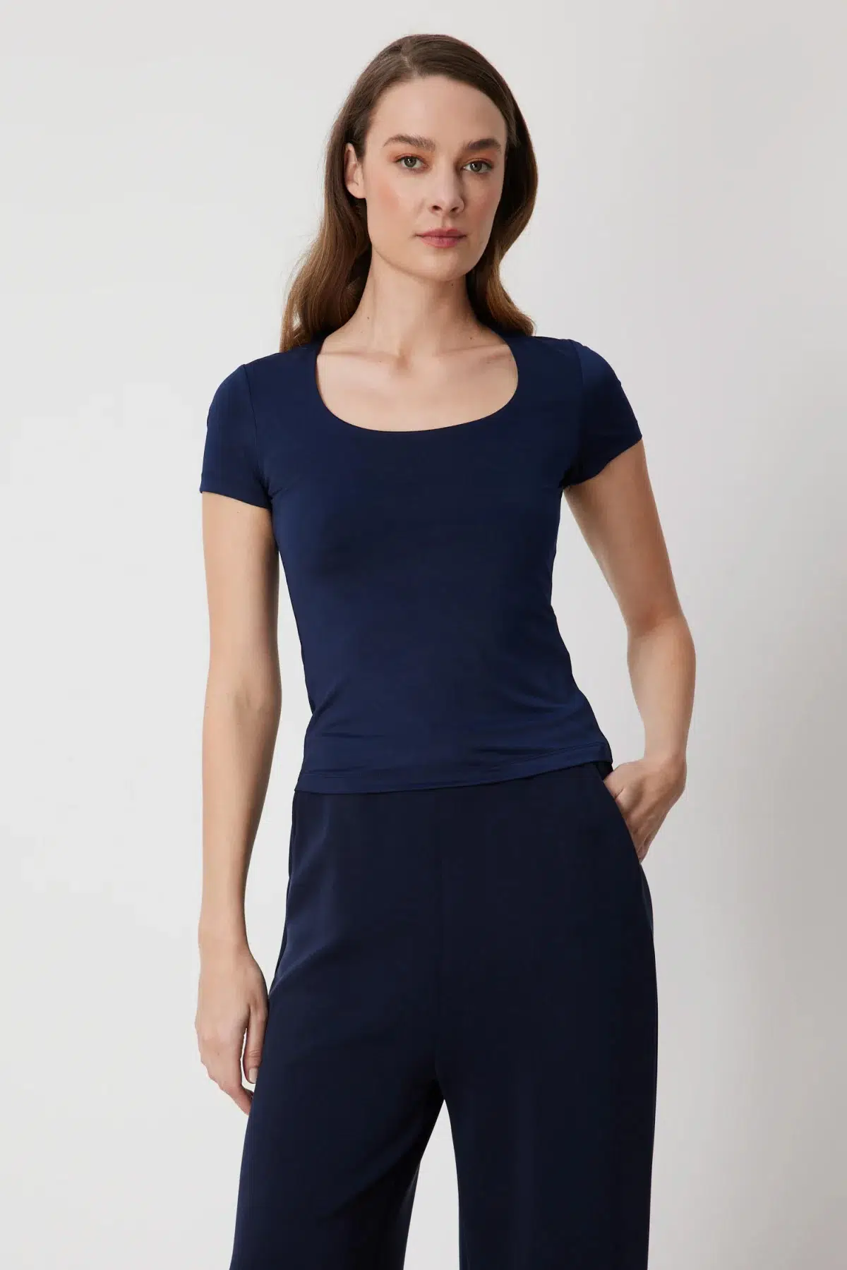 71335 ONTEKS BLUZ U YAKA KISA KOL - LACİVERT