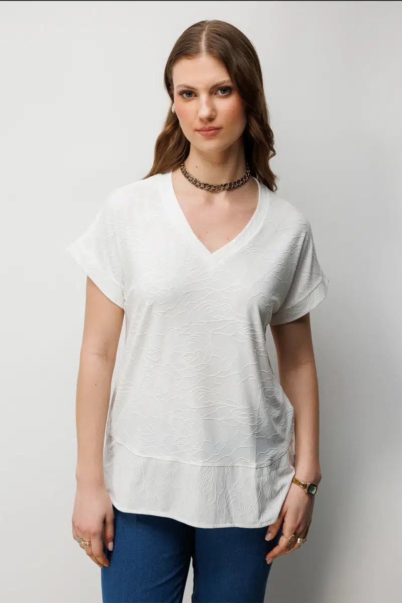 71343 ONTEKS BLUZ V YAKA KISA KOL - EKRU