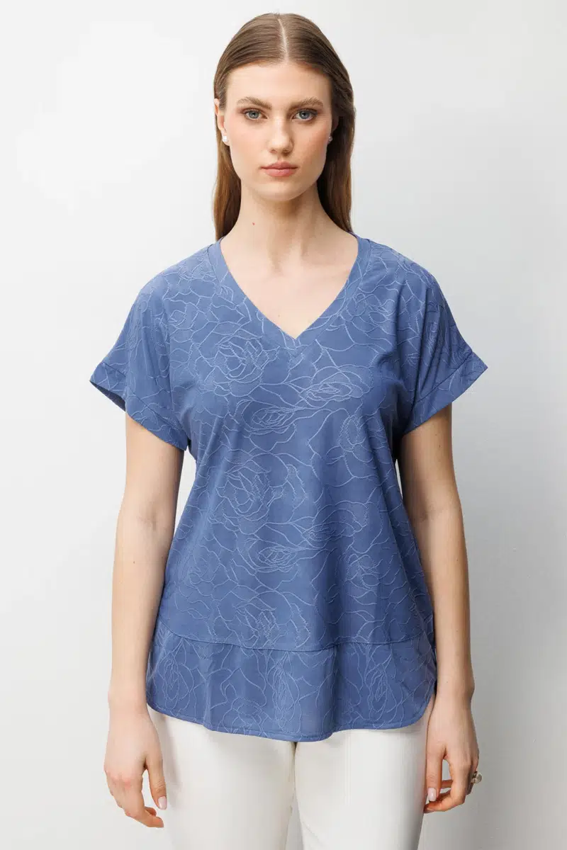 71343 ONTEKS BLUZ V YAKA KISA KOL - İNDİGO
