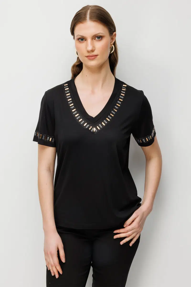 71382 ONTEKS BLUZ ÖNÜ VE KOLLARI TAŞLI V YAKA - SİYAH