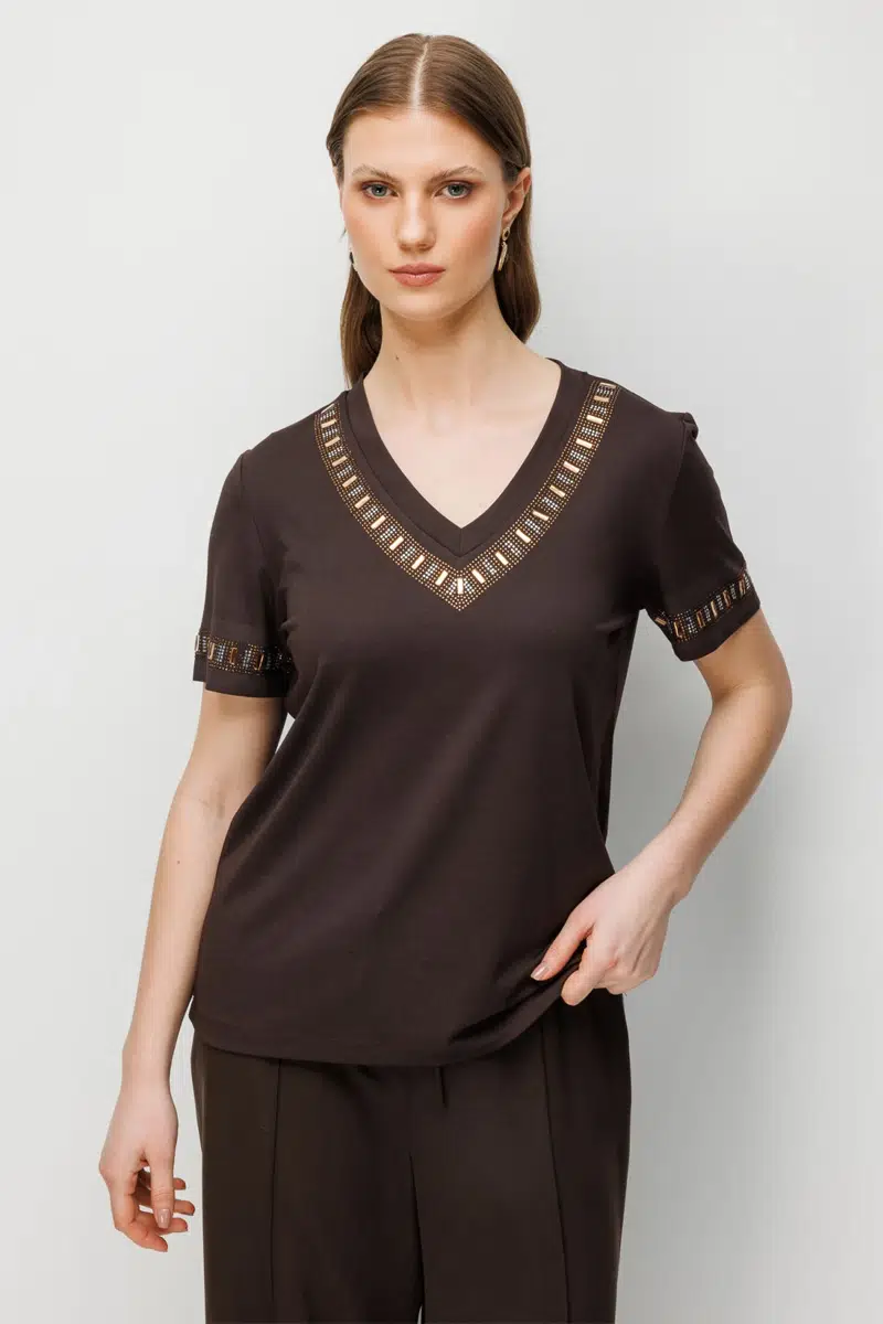 71382 ONTEKS BLUZ ÖNÜ VE KOLLARI TAŞLI V YAKA