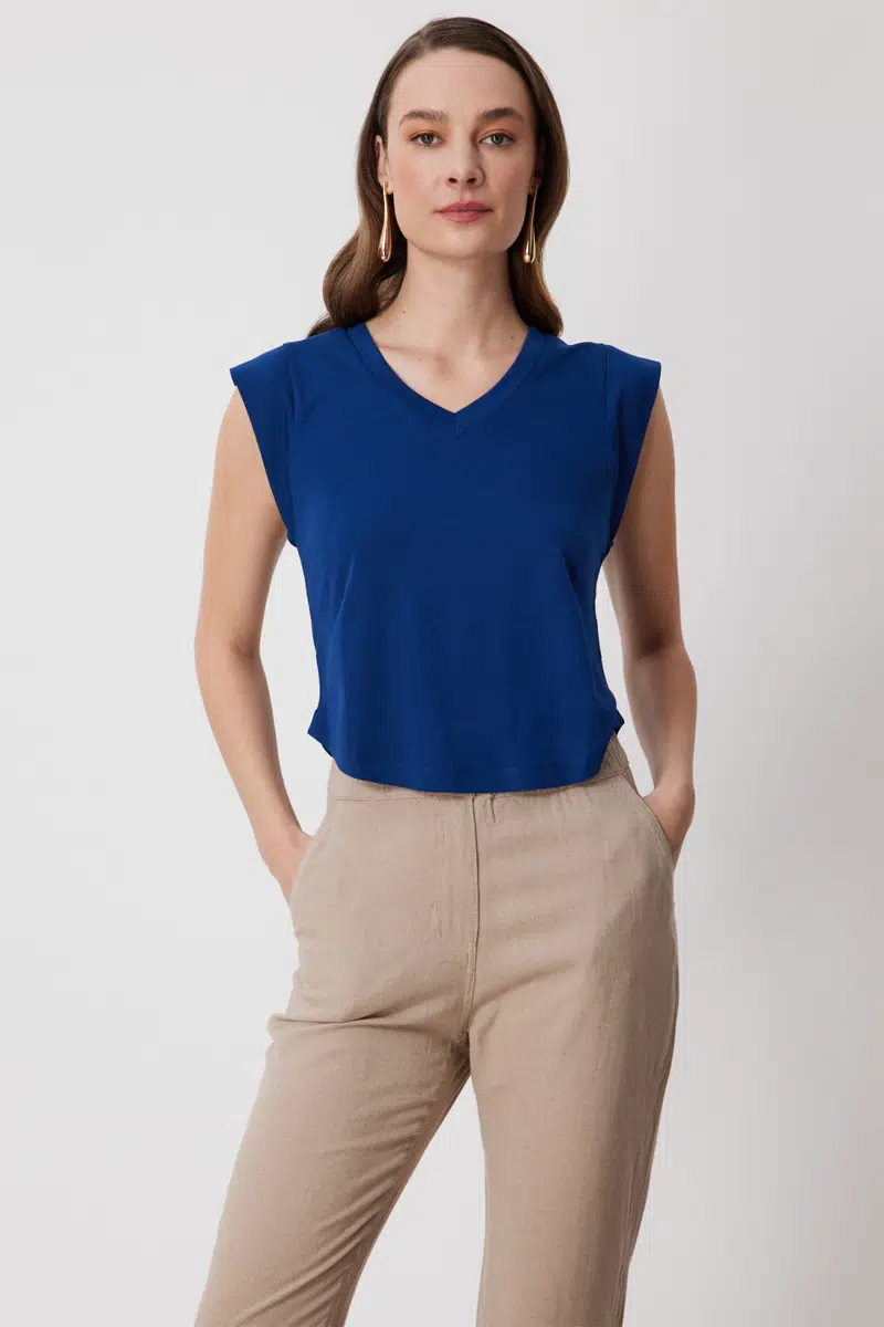 71394 ONTEKS BLUZ V YAKA KISA KOLLU ETEK UCU OVAL