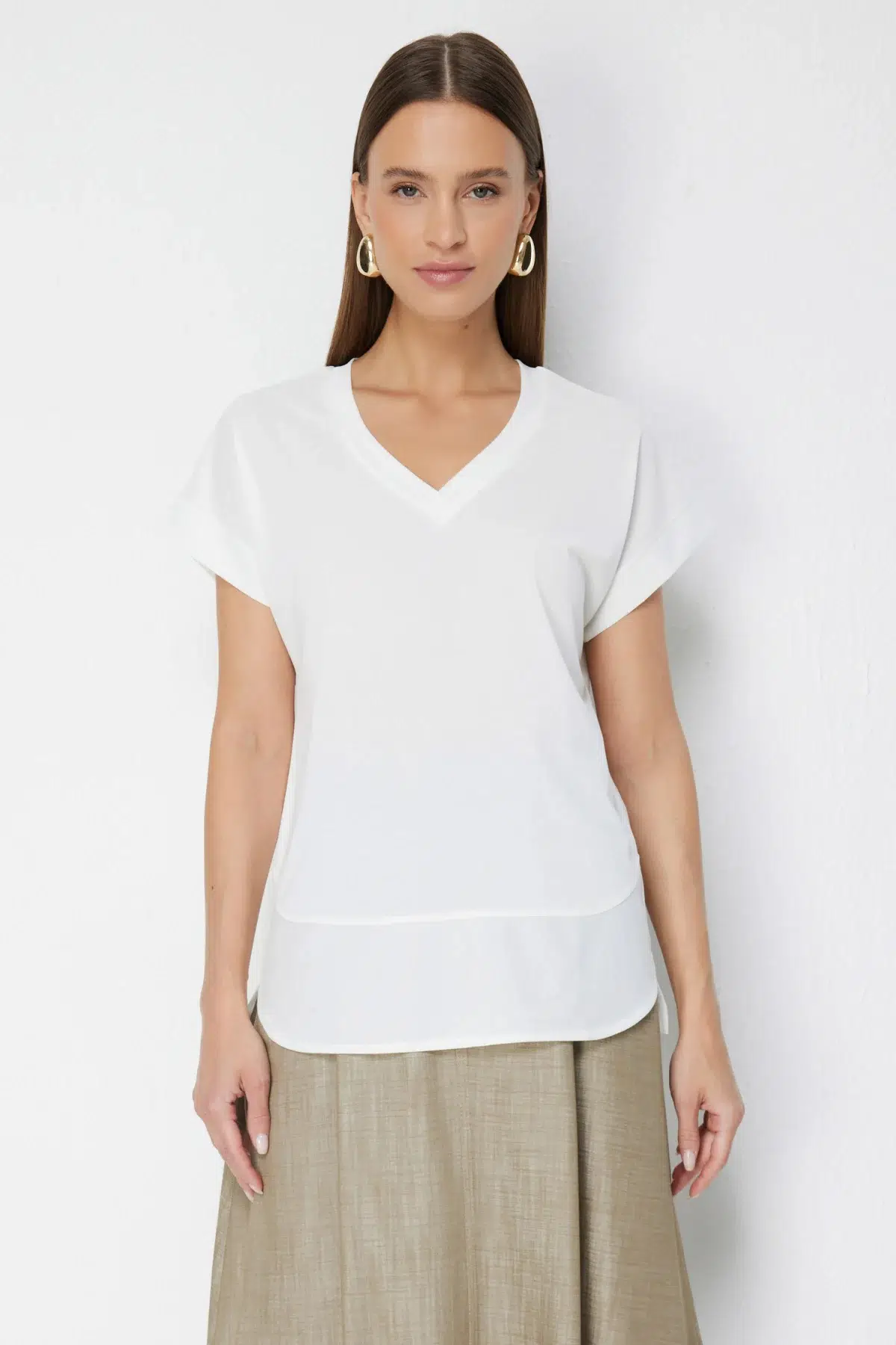 71475 ONTEKS BLUZ V YAKA KISA KOL - EKRU