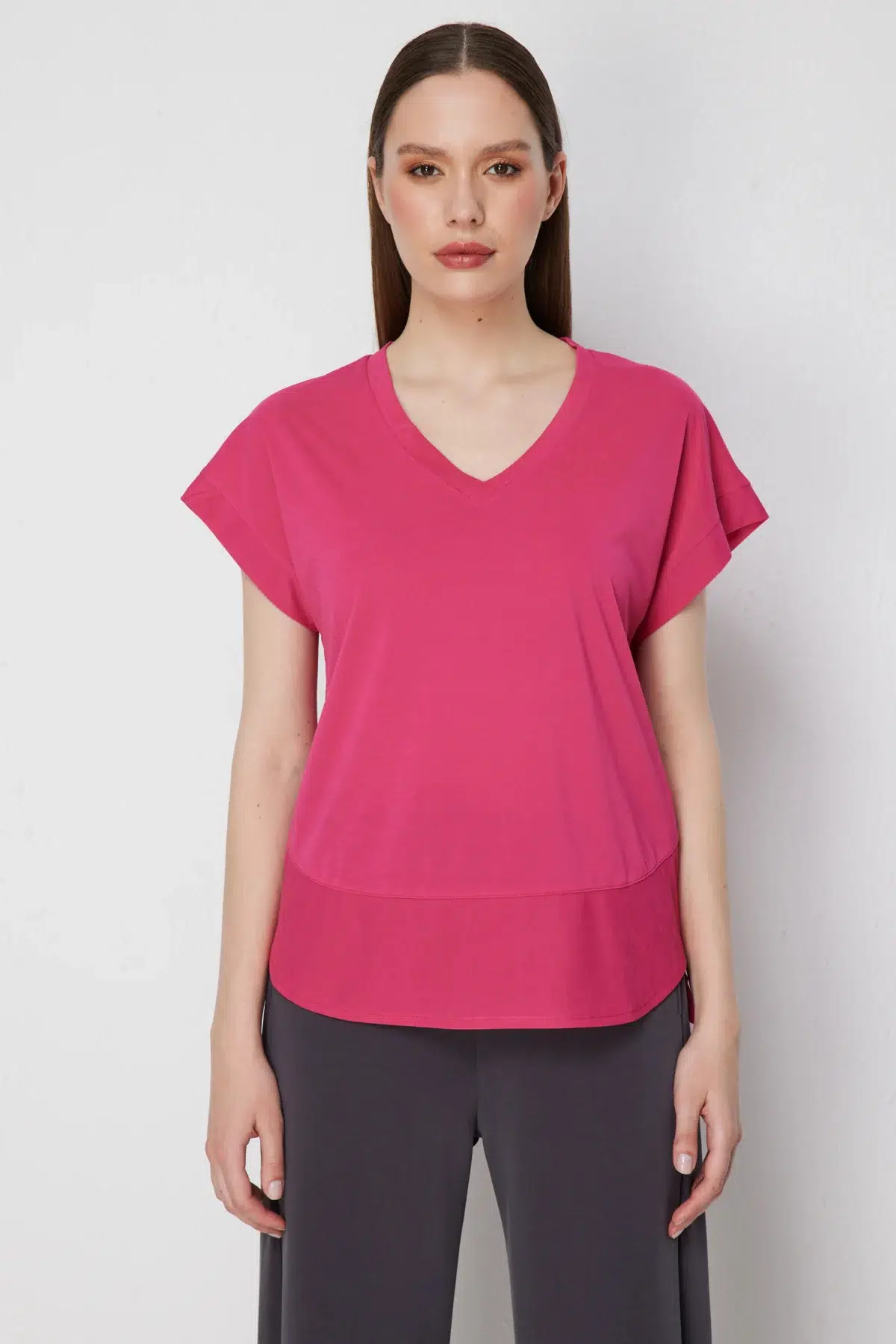 71475 ONTEKS BLUZ V YAKA KISA KOL - FUŞYA