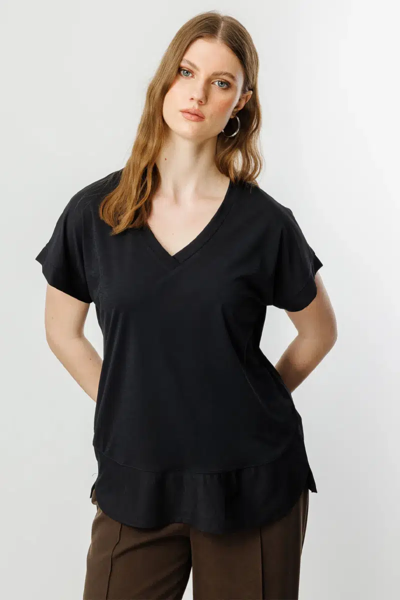 71476 ONTEKS BLUZ V YAKA KISA KOL BB - SİYAH