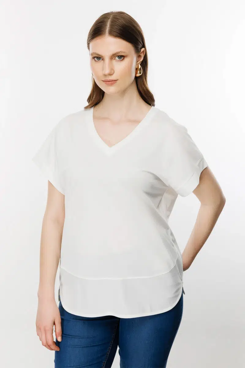 71476 ONTEKS BLUZ V YAKA KISA KOL BB - EKRU