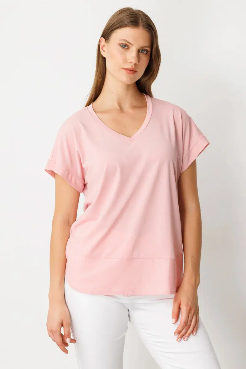 71476 ONTEKS BLUZ V YAKA KISA KOL BB - PUDRA