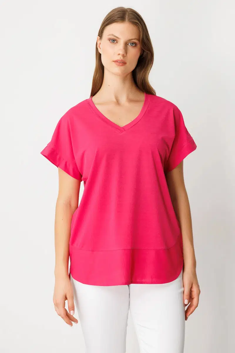 71476 ONTEKS BLUZ V YAKA KISA KOL BB - FUŞYA