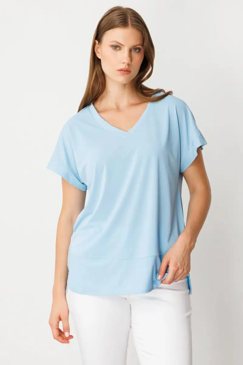 71476 ONTEKS BLUZ V YAKA KISA KOL BB - AÇIK MAVİ