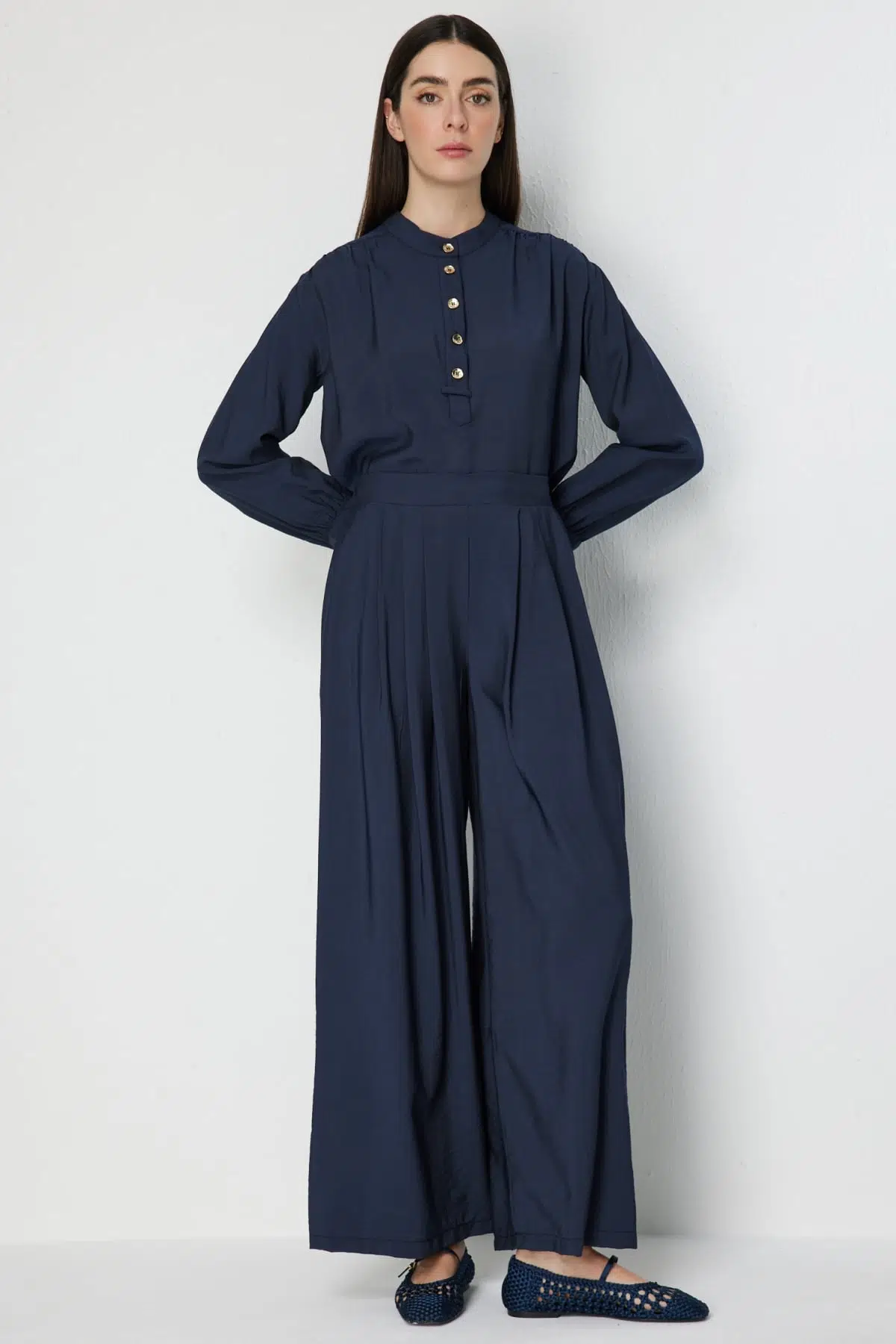 72356 ONTEKS PİLELİ BOL PAÇA PANTOLON - LACİVERT