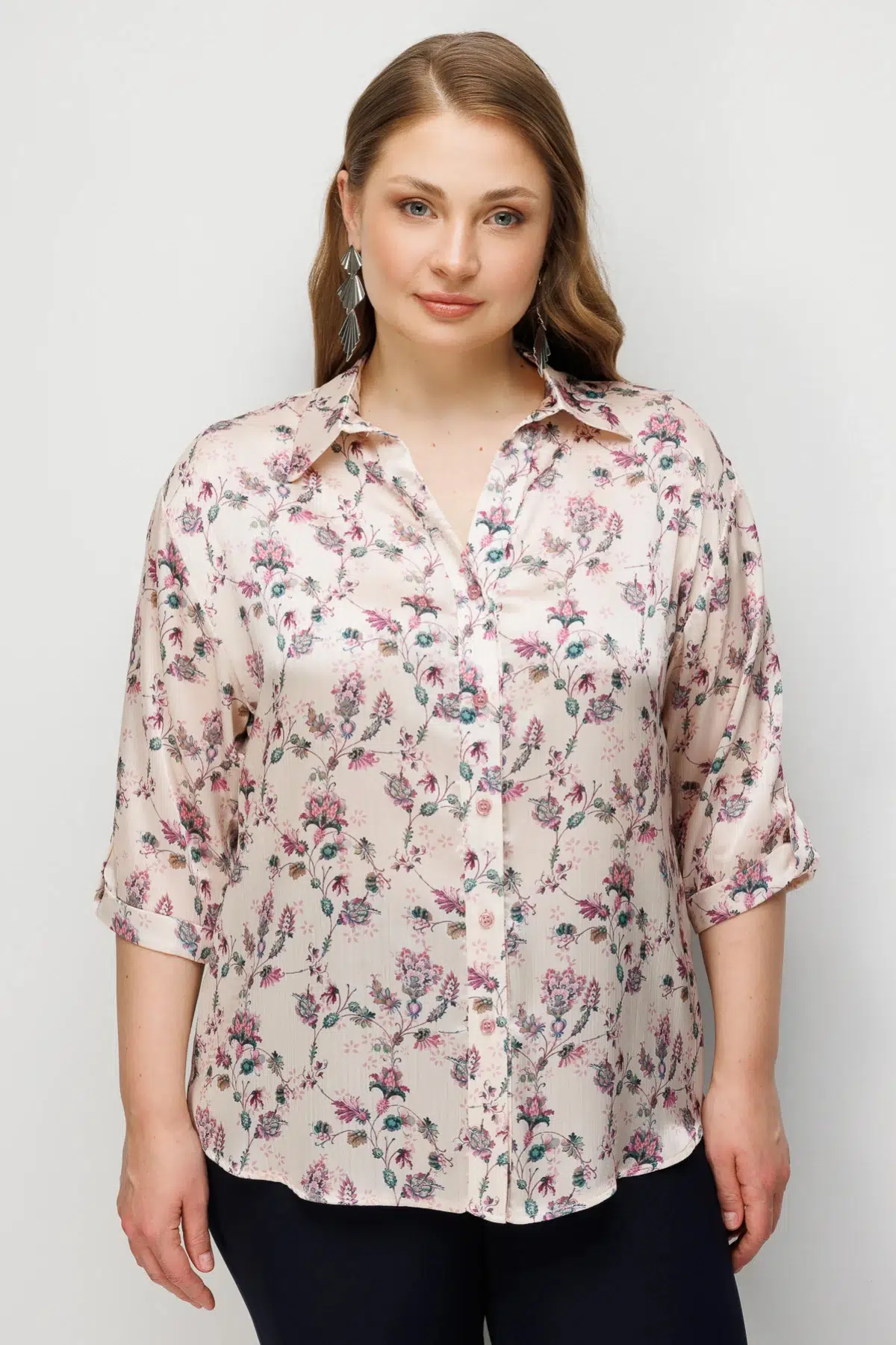 74427 ONTEKS DESENLİ V YAKA GÖMLEK - PEMBE