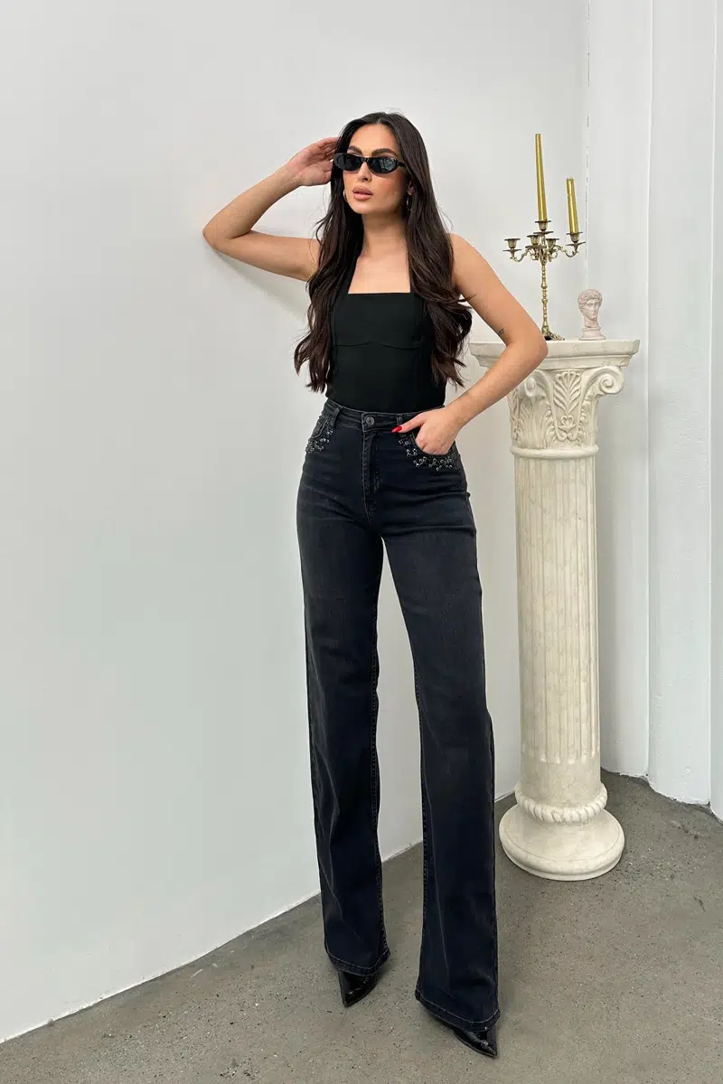 7984 LACARİNO PANTOLON WIDE LEG TAŞLI - SİYAH