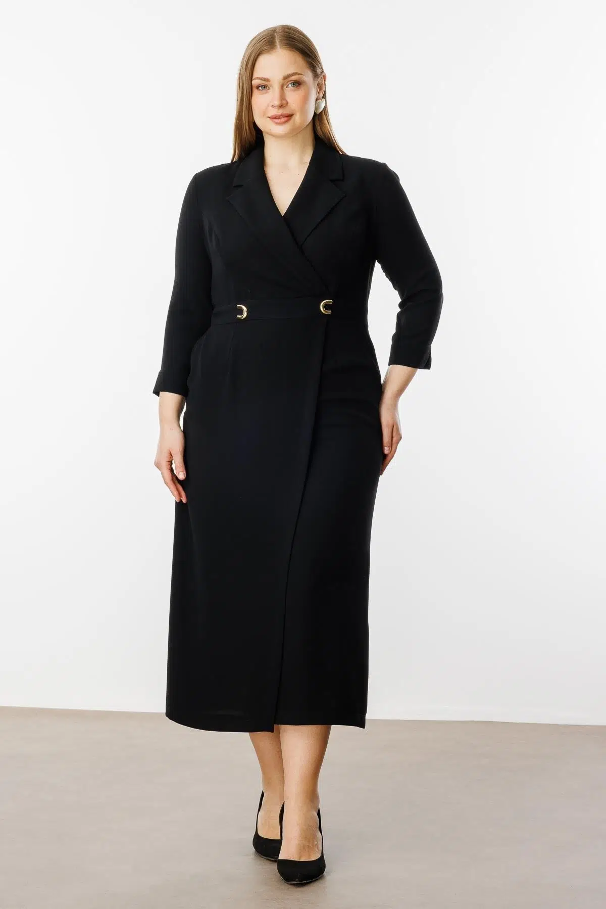 8056 GİLDA ELBİSE BELİ AKSESARLI CEPLİ KRUVAZE ELBİSE