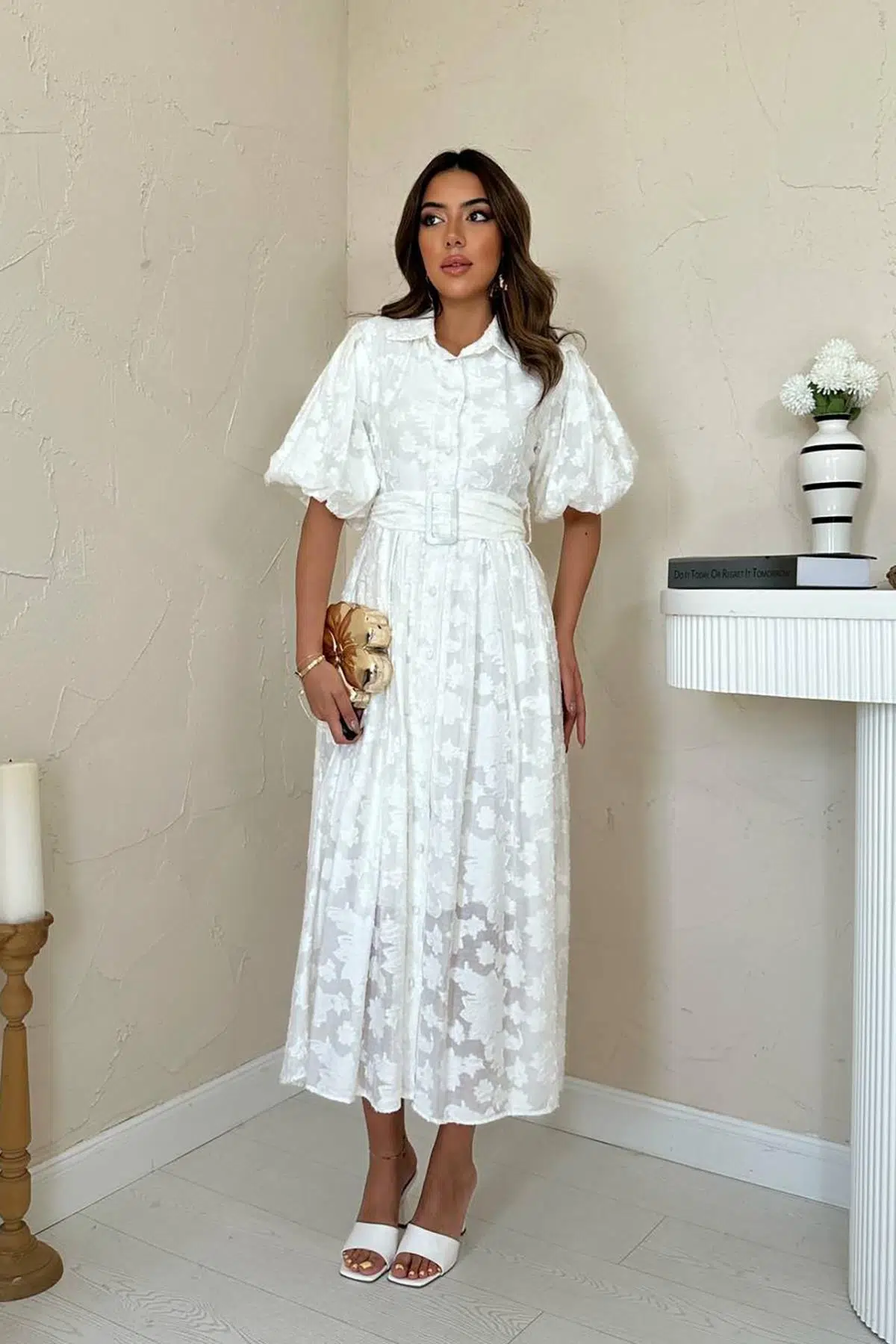 8567 ELISA KEMERLİ BALON KOL ELBİSE