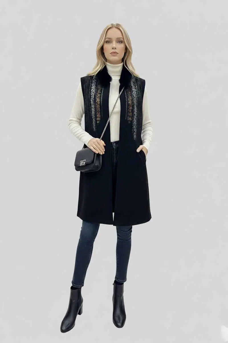 928 ALZETA YAKASI KÜRKLÜ KAŞE YELEK - SİYAH