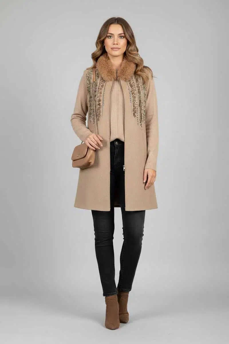 928 ALZETA YAKASI KÜRKLÜ KAŞE YELEK - CAMEL