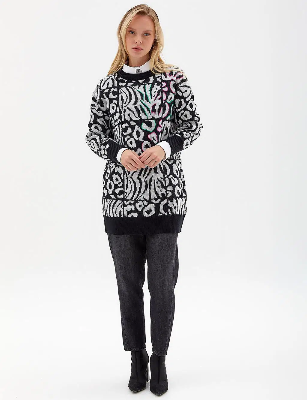 KA-A23-TRK116 KAYRA TRİKO BLUZ - SİYAH-OPTİK BEYAZ