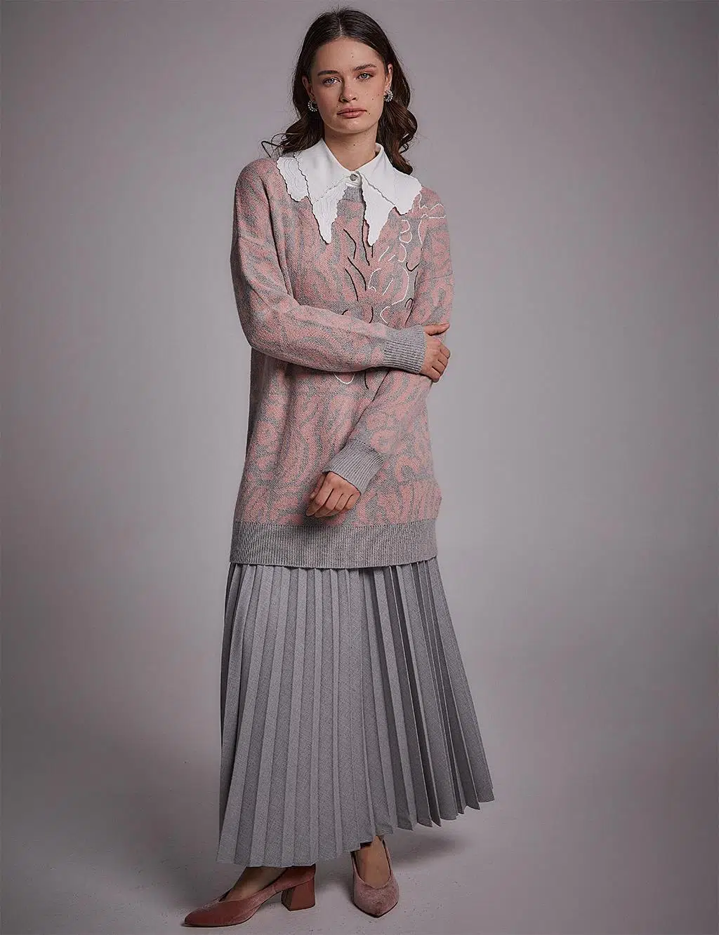 KA-A23-TRK116 KAYRA TRİKO BLUZ - GRİ-PEMBE