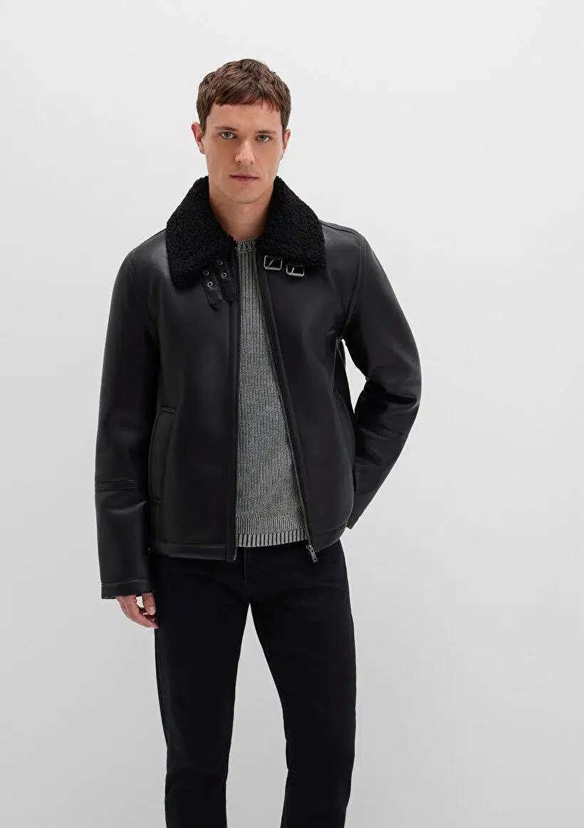 M0110670-71379 MAVİ KÜRK YAKA SUNİ DERİ CEKET