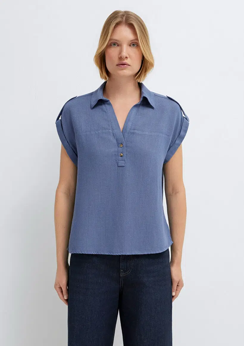 M1211443-70757 MAVİ KISA KOLLU BLUZ - İNDİGO