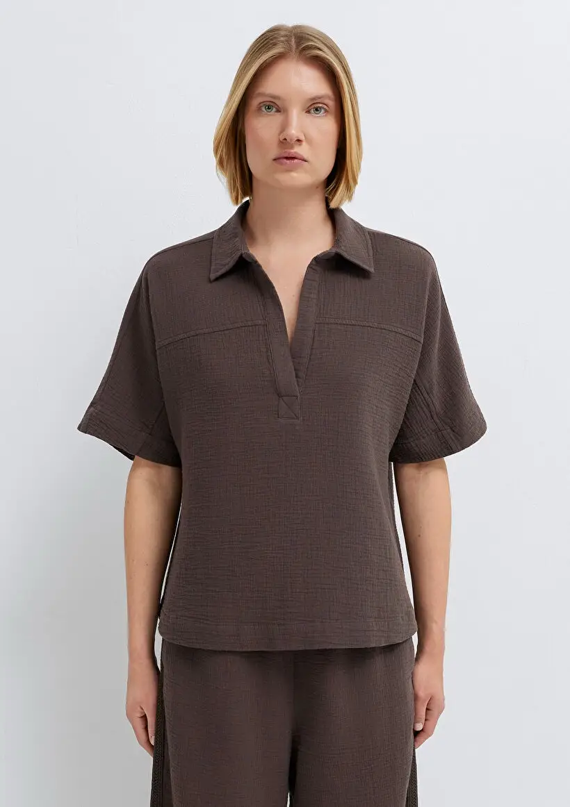 M1211467-71603 MAVİ KISA KOLLU BLUZ - BROWN