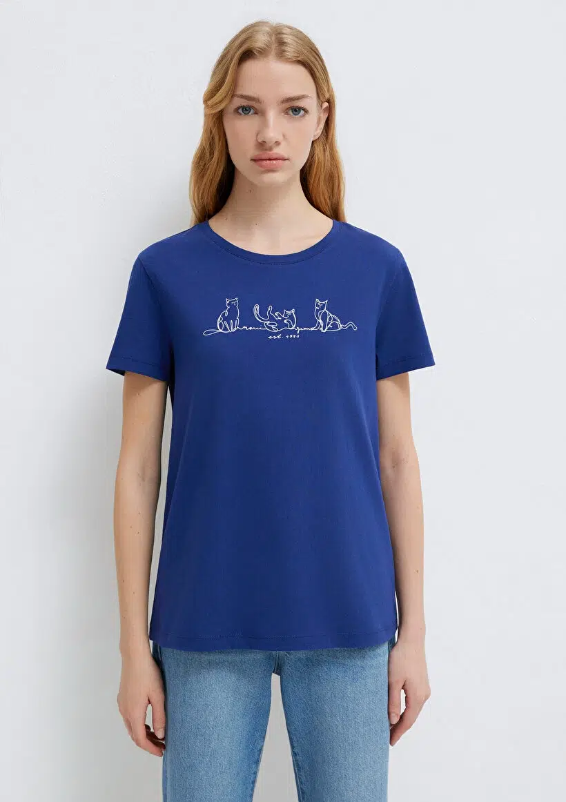 M1613721-70722 MAVİ KEDİ BASKILI T-SHIRT