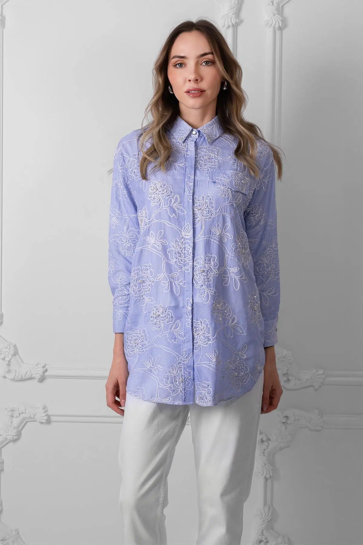 MA11.34 MERVE MOODBASİC NAKIŞLI BONCUKLU ÇİZGİLİ GÖMLEK - MAVİ