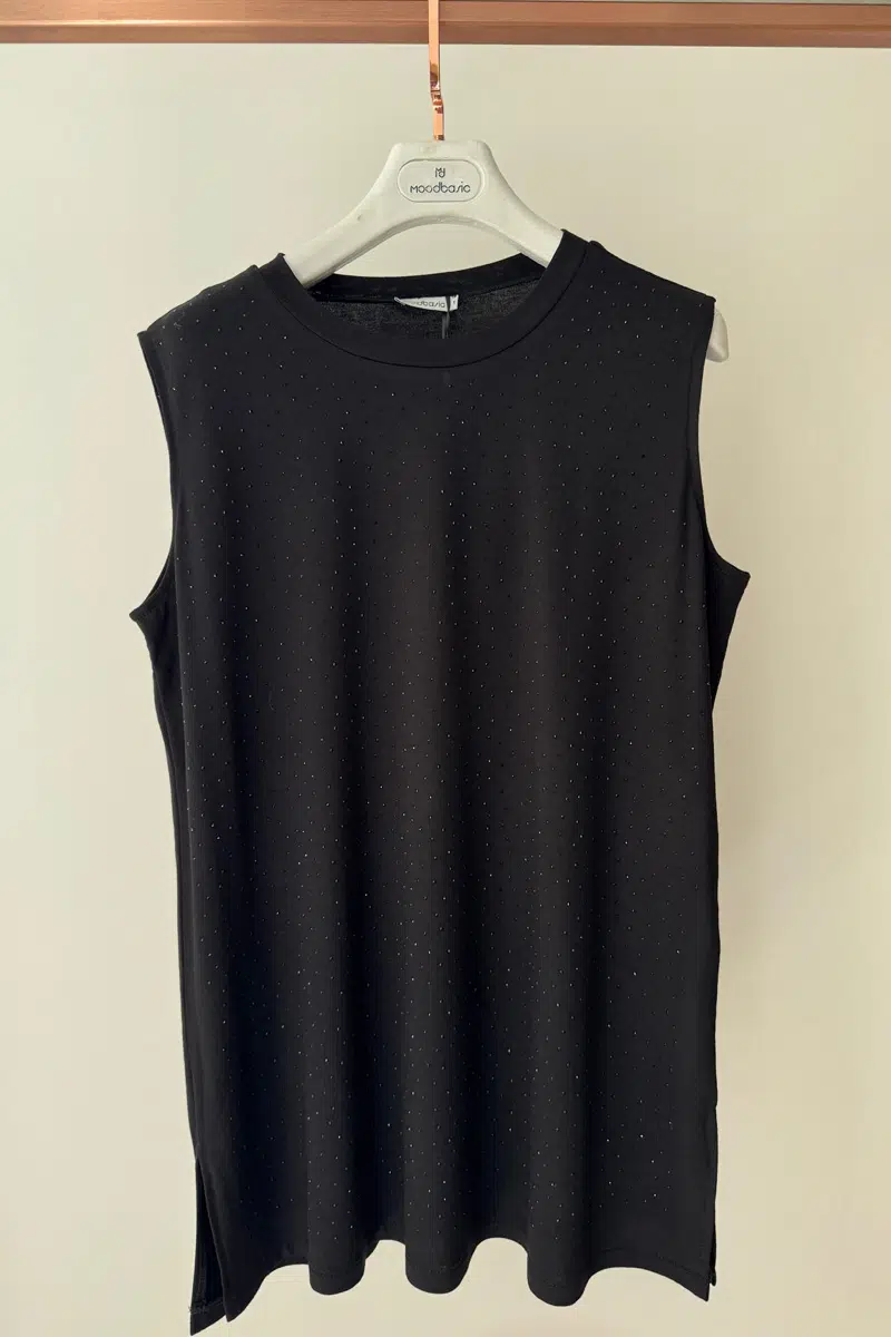 MB27.191 MOODBASİC SERPME TAŞLI SIFIR KOL TSHIRT - SİYAH