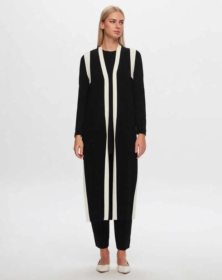 T24Y-1002 MISSDALIDA RENK DETAYLI UZUN TRİKO YELEK - BLACK