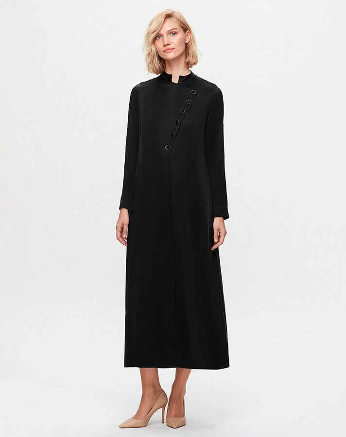 T25K-4001 MISSDALIDA RENKLİ DÜĞMELİ SATEN ELBİSE - BLACK